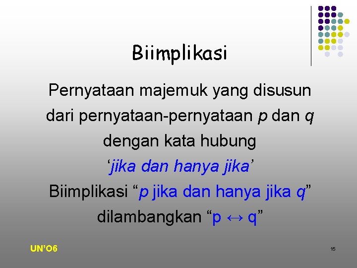 Biimplikasi Pernyataan majemuk yang disusun dari pernyataan-pernyataan p dan q dengan kata hubung ‘jika