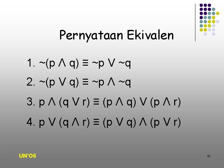 Pernyataan Ekivalen 1. ~(p Λ q) ≡ ~p V ~q 2. ~(p V q)