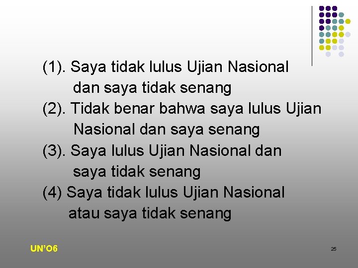 (1). Saya tidak lulus Ujian Nasional dan saya tidak senang (2). Tidak benar bahwa