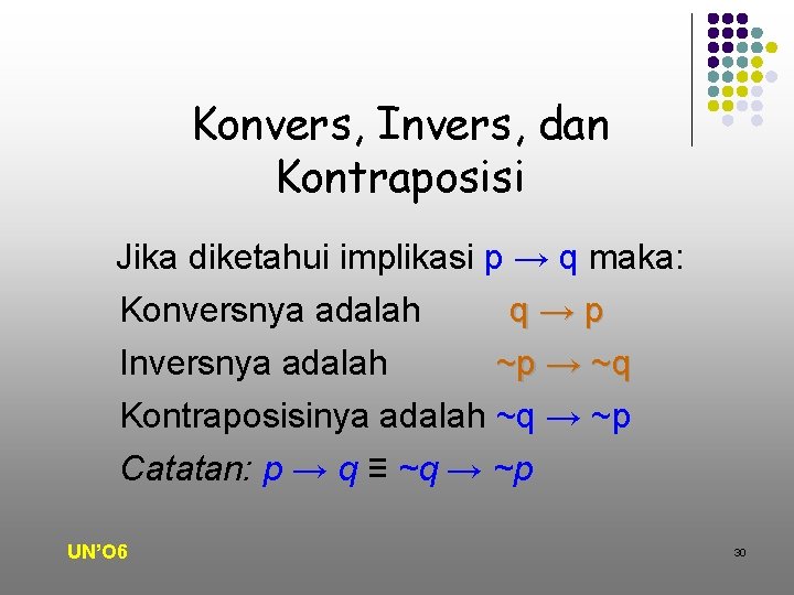 Konvers, Invers, dan Kontraposisi Jika diketahui implikasi p → q maka: Konversnya adalah q→p