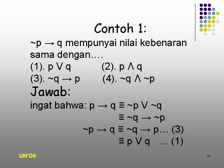 Contoh 1: ~p → q mempunyai nilai kebenaran sama dengan…. (1). p V q