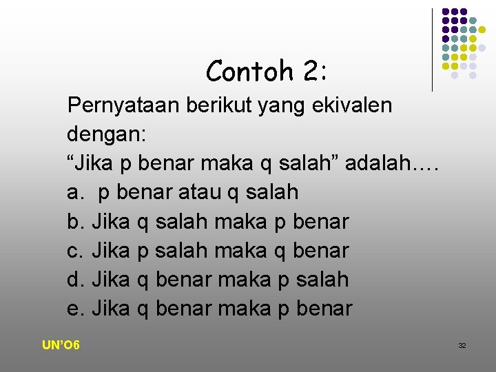 Contoh 2: Pernyataan berikut yang ekivalen dengan: “Jika p benar maka q salah” adalah….