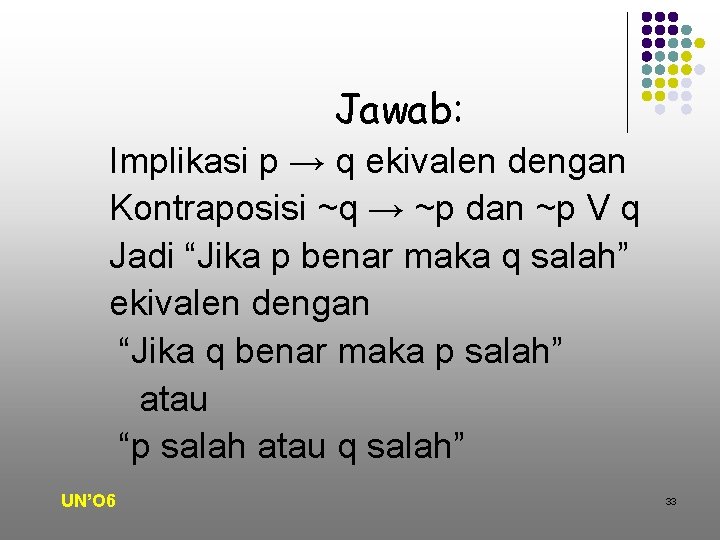 Jawab: Implikasi p → q ekivalen dengan Kontraposisi ~q → ~p dan ~p V