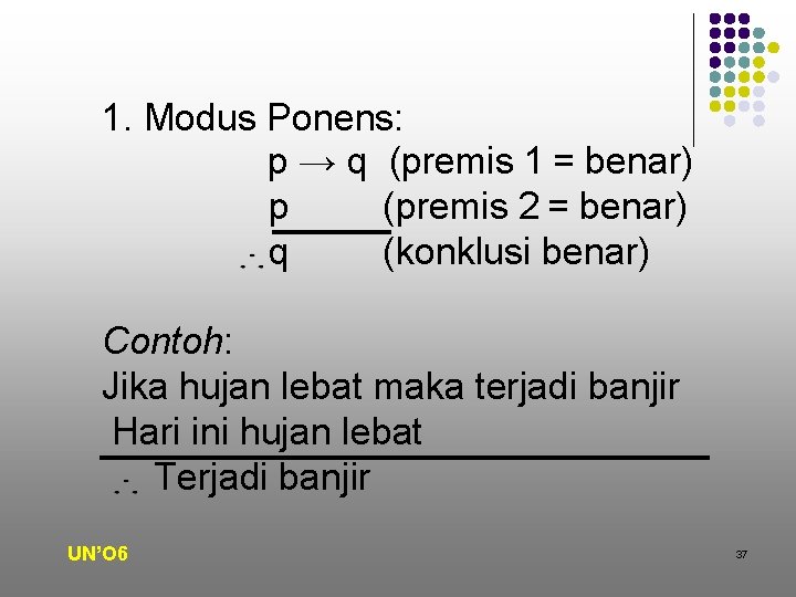 1. Modus Ponens: p → q (premis 1 = benar) p (premis 2 =