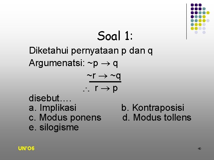 Soal 1: Diketahui pernyataan p dan q Argumenatsi: ~p q ~r ~q r p