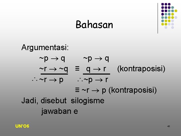 Bahasan Argumentasi: ~p q ~r ~q ≡ q r (kontraposisi) ~r p ~p r