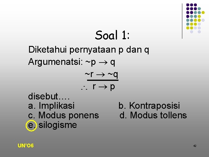 Soal 1: Diketahui pernyataan p dan q Argumenatsi: ~p q ~r ~q r p