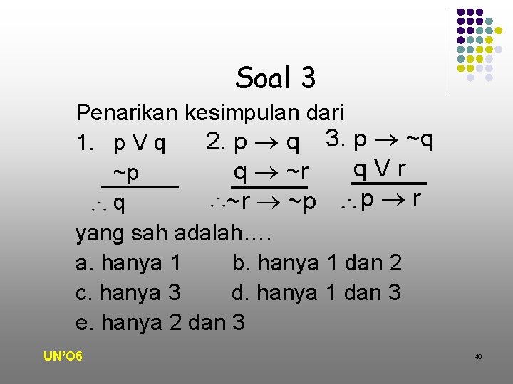 Soal 3 Penarikan kesimpulan dari 2. p q 3. p ~q 1. p V