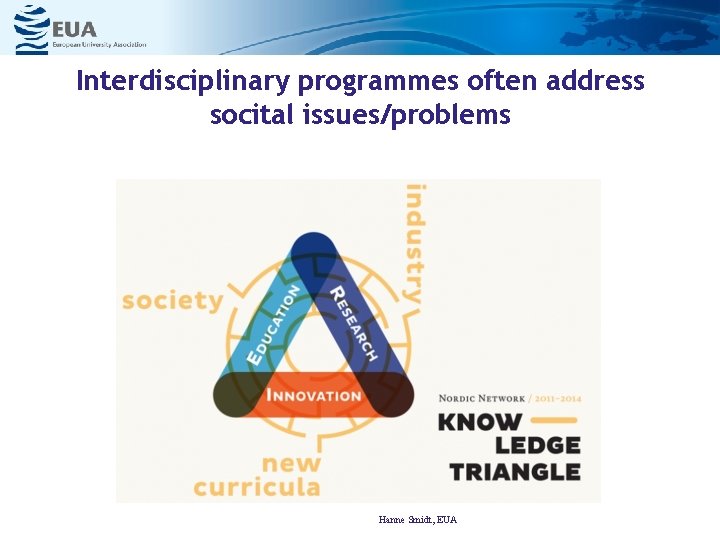 Interdisciplinary programmes often address socital issues/problems Hanne Smidt, EUA 