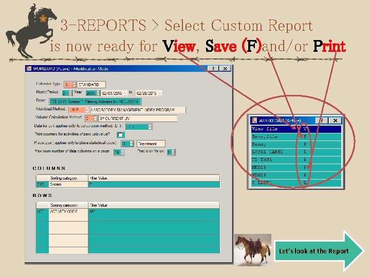 3 -REPORTS > Select Custom Report is now ready for View, Save (F)and/or Print