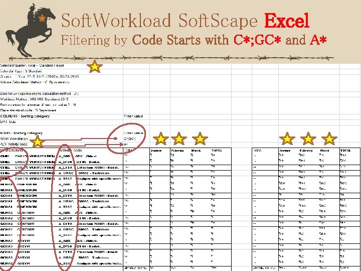 Soft. Workload Soft. Scape Excel Filtering by Code Starts with C*; GC* and A*