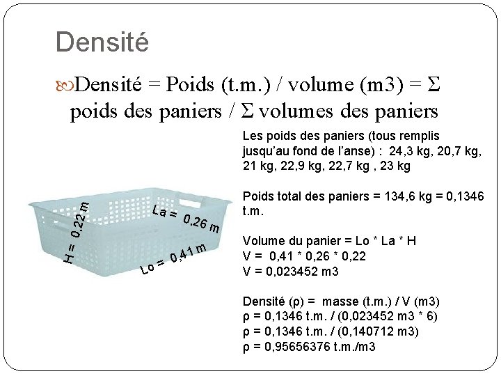 Densité = Poids (t. m. ) / volume (m 3) = Σ poids des