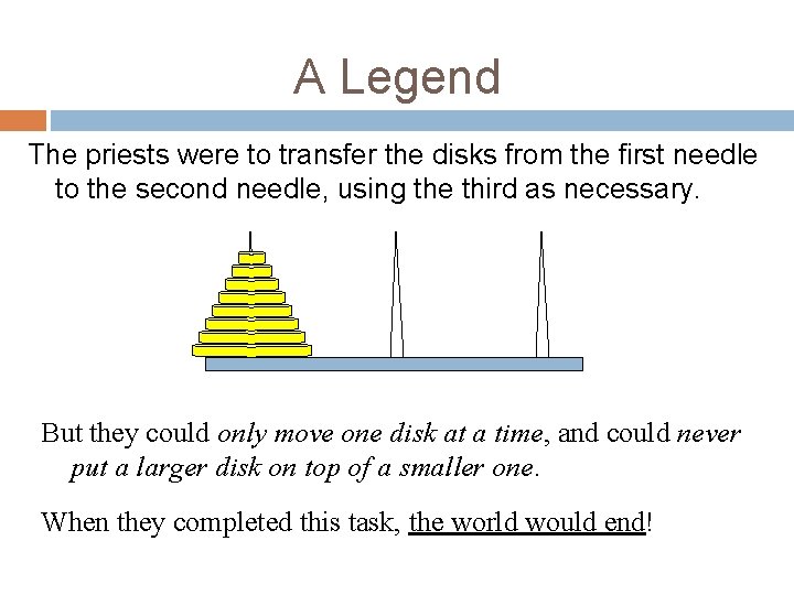 A Legend The priests were to transfer the disks from the first needle to