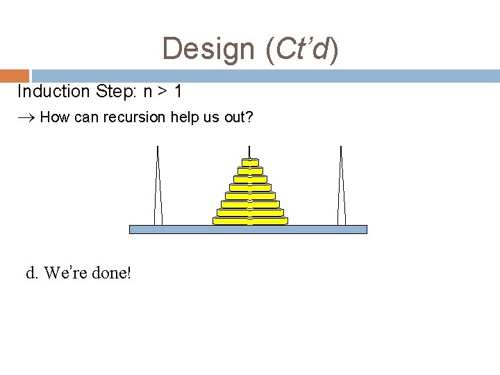 Design (Ct’d) Induction Step: n > 1 How can recursion help us out? d.