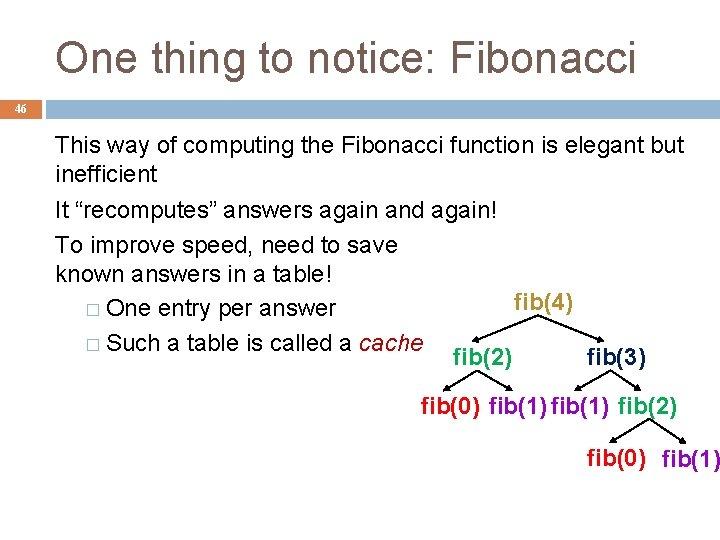 One thing to notice: Fibonacci 46 This way of computing the Fibonacci function is