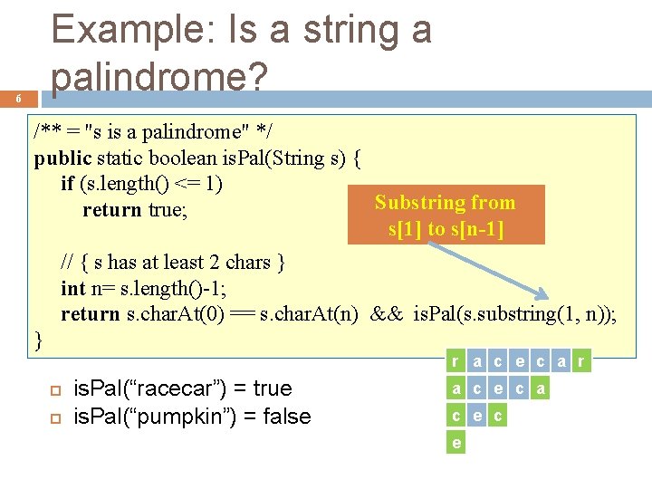 Example: Is a string a palindrome? 6 /** = "s is a palindrome" */