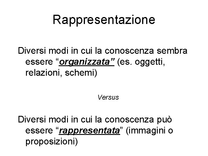 Rappresentazione Diversi modi in cui la conoscenza sembra essere “organizzata” (es. oggetti, relazioni, schemi)