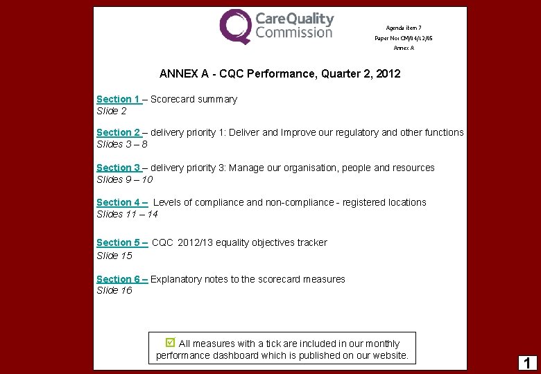 Agenda item 7 Paper No: CM/04/12/05 Annex A ANNEX A - CQC Performance, Quarter