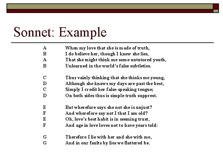 Sonnet: Example A B When my love that she is made of truth, I