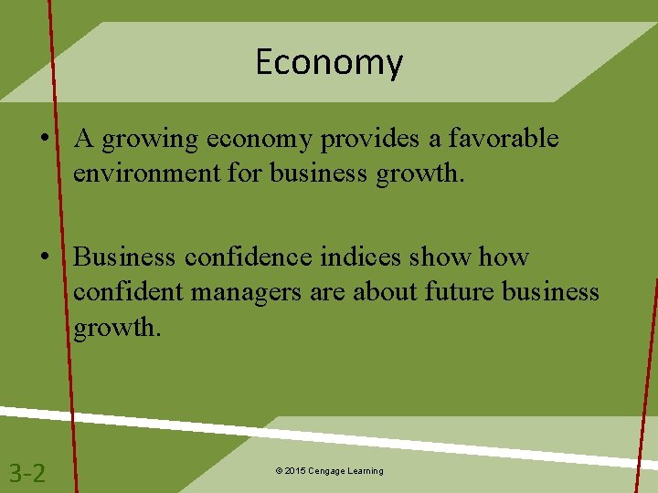 Economy • A growing economy provides a favorable environment for business growth. • Business