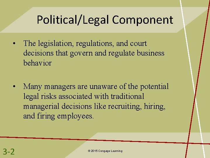 Political/Legal Component • The legislation, regulations, and court decisions that govern and regulate business