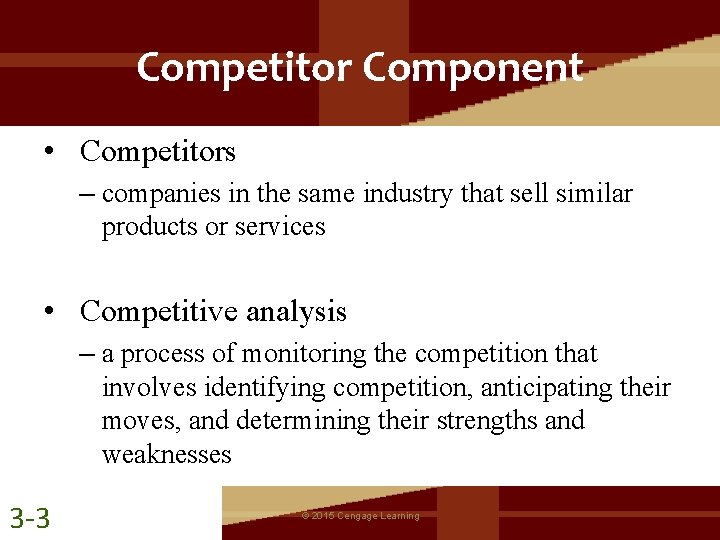 Competitor Component • Competitors – companies in the same industry that sell similar products