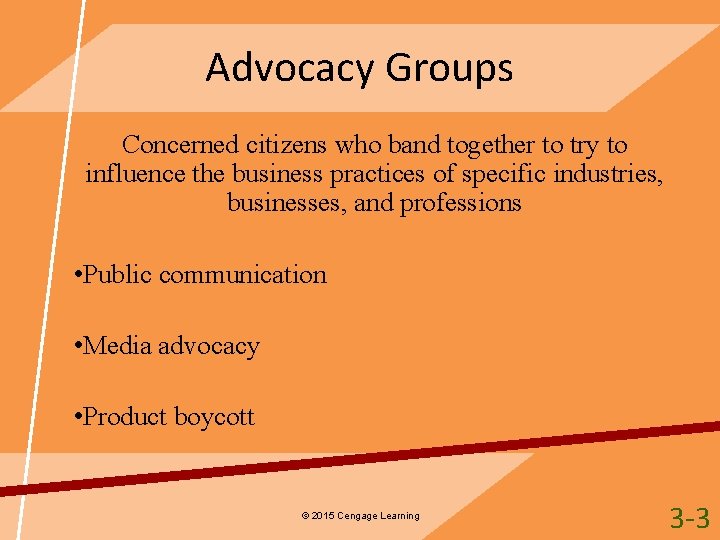 Advocacy Groups Concerned citizens who band together to try to influence the business practices