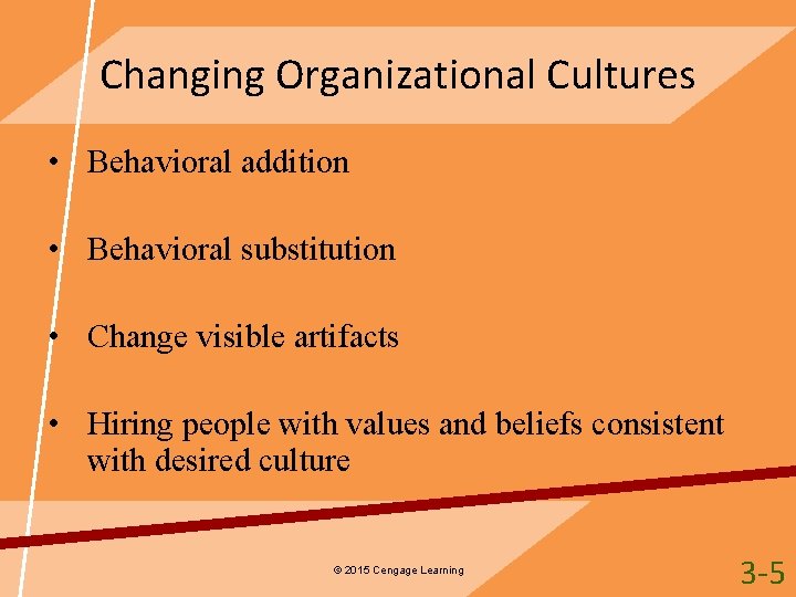 Changing Organizational Cultures • Behavioral addition • Behavioral substitution • Change visible artifacts •