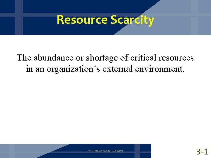 Resource Scarcity The abundance or shortage of critical resources in an organization’s external environment.