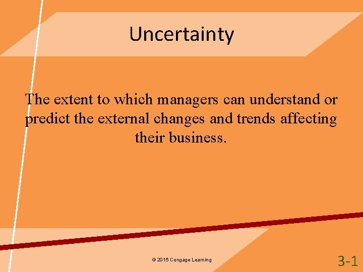 Uncertainty The extent to which managers can understand or predict the external changes and