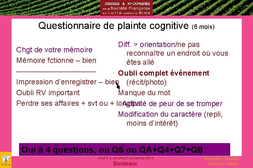Questionnaire de plainte cognitive (6 mois) Diff. > orientation/ne pas Chgt de votre mémoire