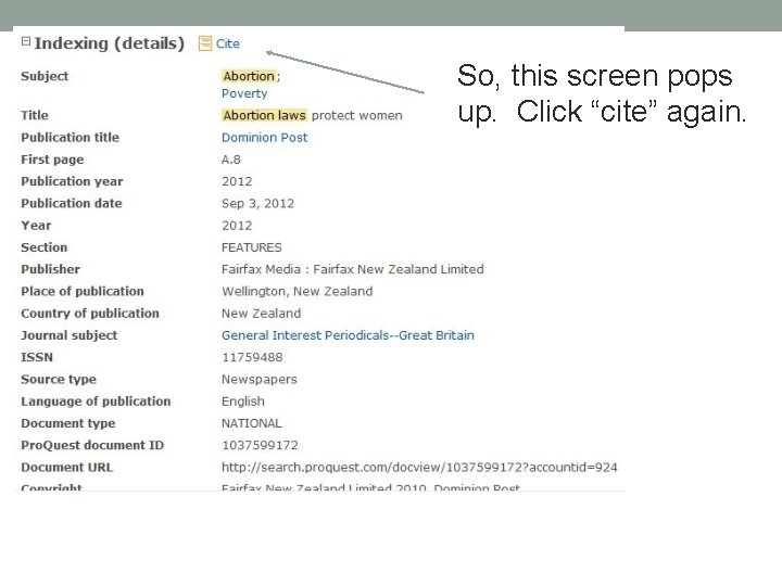 So, this screen pops up. Click “cite” again. So, this screen pops up. Click “cite” again.