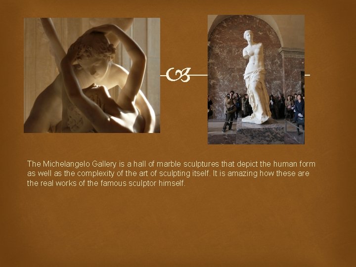  The Michelangelo Gallery is a hall of marble sculptures that depict the human