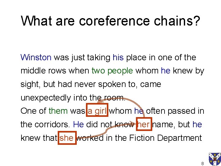 What are coreference chains? Winston was just taking his place in one of the What are coreference chains? Winston was just taking his place in one of the