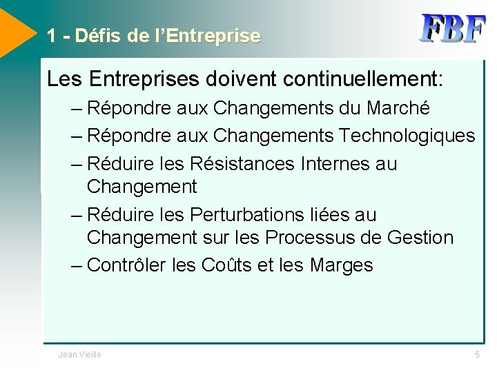 1 - Défis de l’Entreprise Les Entreprises doivent continuellement: – Répondre aux Changements du