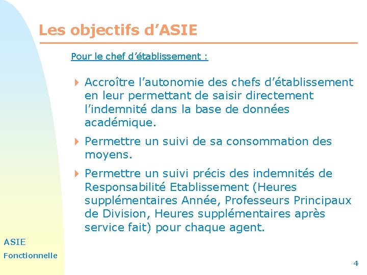 Les objectifs d’ASIE Pour le chef d’établissement : 4 Accroître l’autonomie des chefs d’établissement