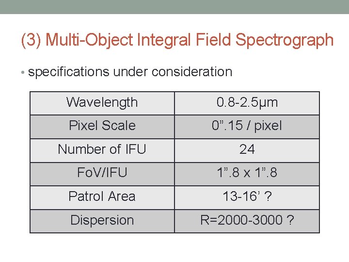 (3) Multi-Object Integral Field Spectrograph • specifications under consideration Wavelength 0. 8 -2. 5μm
