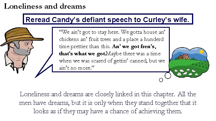 Loneliness and dreams Reread Candy’s defiant speech to Curley’s wife. “We ain’t got to