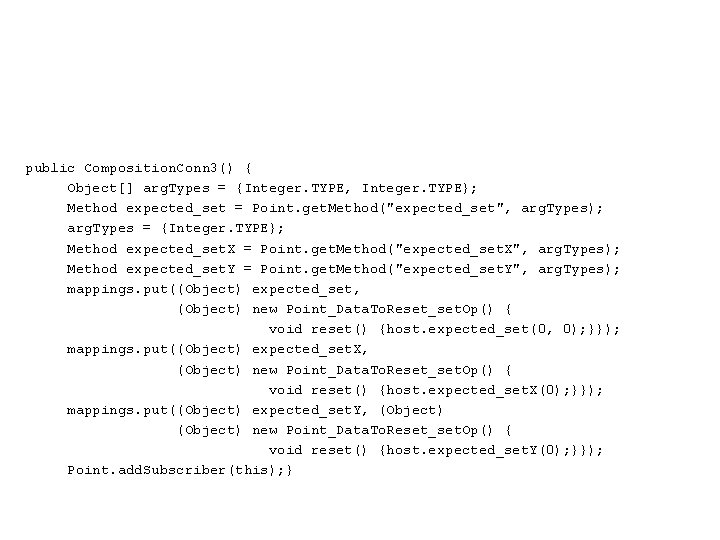 public Composition. Conn 3() { Object[] arg. Types = {Integer. TYPE, Integer. TYPE}; Method