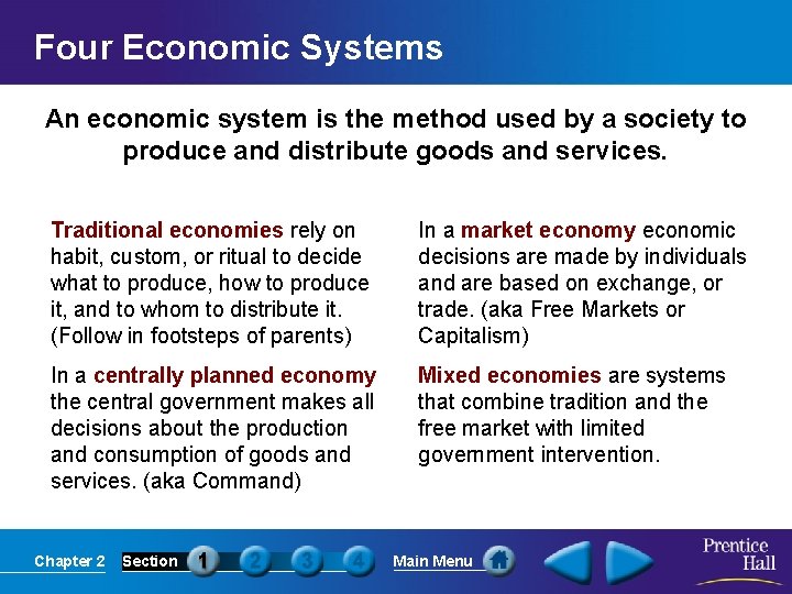 Four Economic Systems An economic system is the method used by a society to