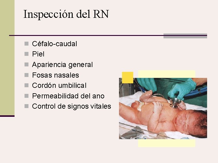 Inspección del RN n Céfalo-caudal n Piel n Apariencia general n Fosas nasales n