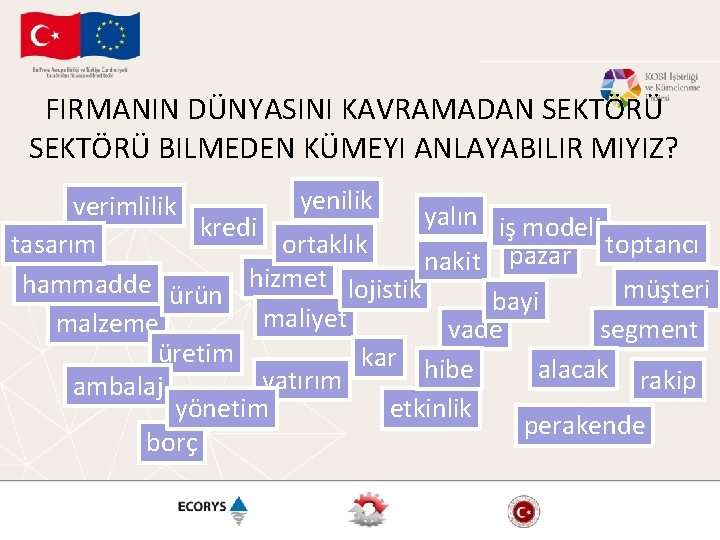 FIRMANIN DÜNYASINI KAVRAMADAN SEKTÖRÜ BILMEDEN KÜMEYI ANLAYABILIR MIYIZ? yenilik verimlilik yalın iş modeli kredi