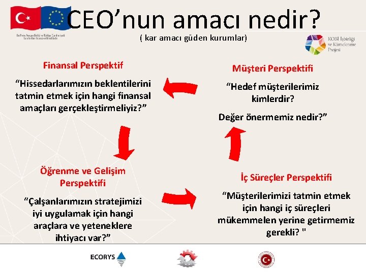 CEO’nun amacı nedir? ( kar amacı güden kurumlar) Finansal Perspektif Müşteri Perspektifi “Hissedarlarımızın beklentilerini