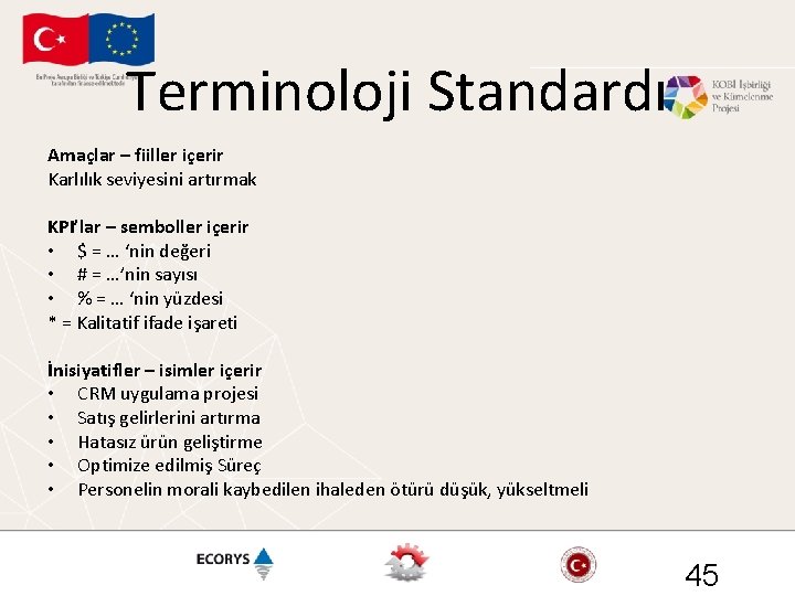 Terminoloji Standardı Amaçlar – fiiller içerir Karlılık seviyesini artırmak KPI’lar – semboller içerir •