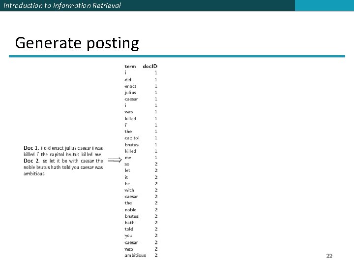 Introduction to Information Retrieval Generate posting 22 
