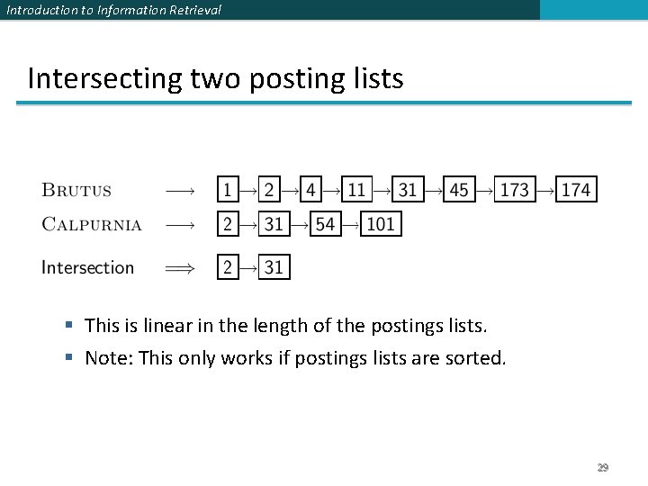 Introduction to Information Retrieval Intersecting two posting lists § This is linear in the