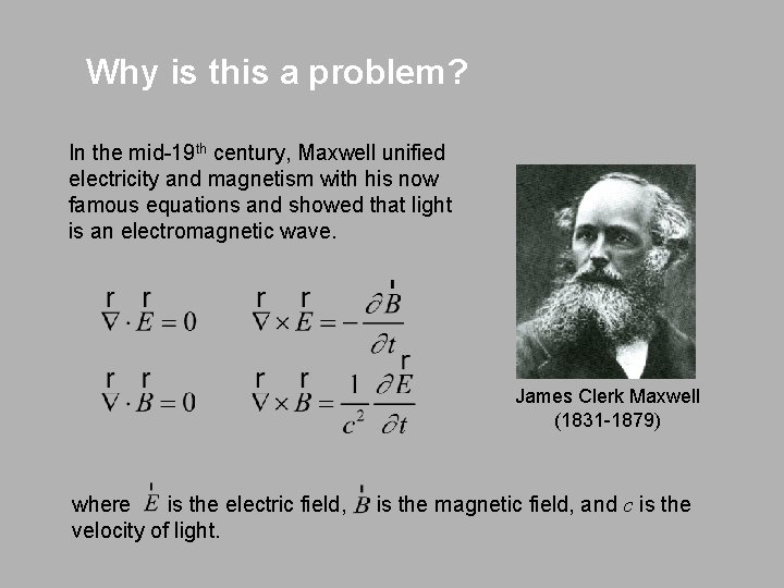 Why is this a problem? In the mid-19 th century, Maxwell unified electricity and