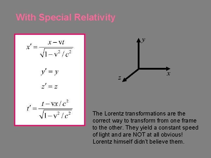 With Special Relativity y z x The Lorentz transformations are the correct way to
