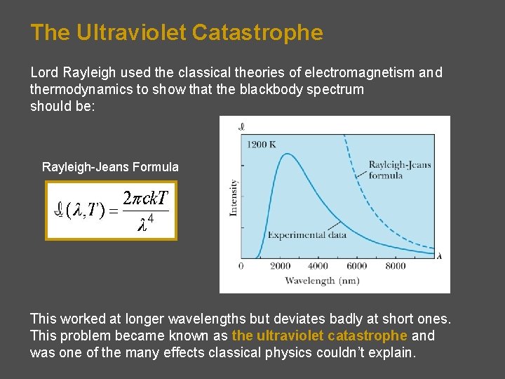 The Ultraviolet Catastrophe Lord Rayleigh used the classical theories of electromagnetism and thermodynamics to