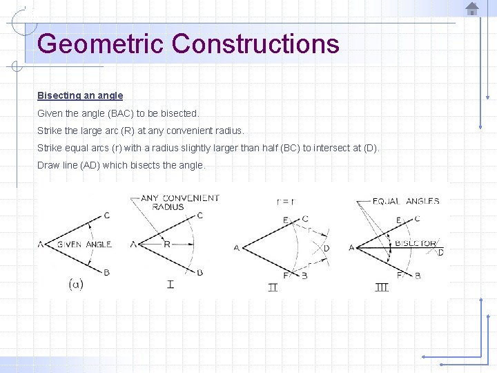Geometric Constructions Bisecting an angle Given the angle (BAC) to be bisected. Strike the